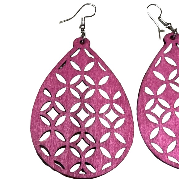 Boho Cutout Wood Teardrop Drop Style Sky Magenta Earrings - Picture 2 of 5